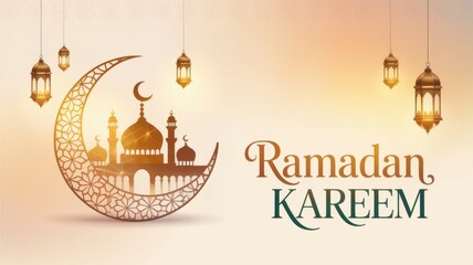 Islamic style greeting background dedicated to the holy month of Ramadan Kareem. It depicts a mosque, a crescent moon and traditional lanterns. A photo with a place for the text.