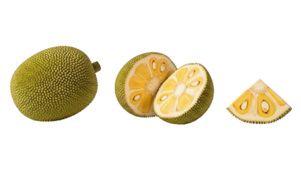 Jackfruit displayed in whole, halved, and sliced forms isolated on transparent background