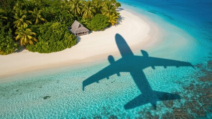 The shadow of an airplane flying over a picturesque tropical island with a white sandy beach, lush greenery and crystal clear turquoise waters. A photo with a place for the text.
