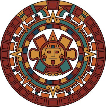 Ancient Aztec sun stone calendar symbol with colorful geometric tribal patterns and central deity face representing traditional Mexican mythology and historical culture civilization icon.