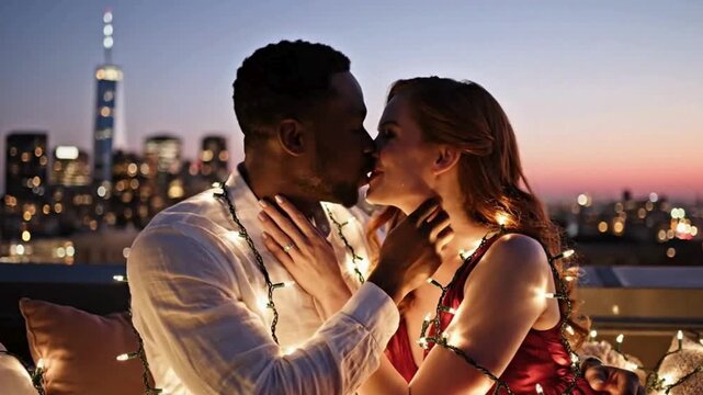 An interracial couple shares a romantic kiss on a city rooftop at dusk, illuminated by string lights with a stunning skyline view.
