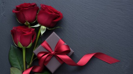 A photo of three red roses and a gift box tied with a red ribbon on a dark slate background. A photo with a place for the text.