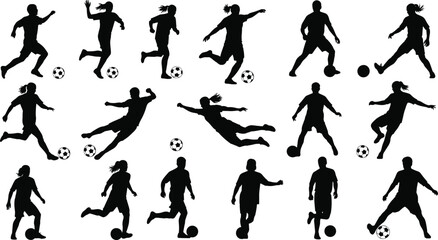 Soccer players silhouettes set showing men and women dribbling kicking and shooting football in dynamic action sport competition concept