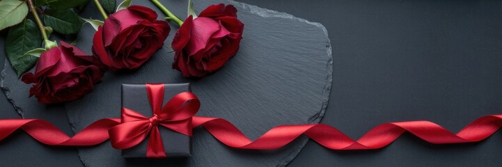 A banner of three red roses and a gift box tied with a red ribbon on a dark slate background. A banner with space for the text.