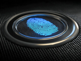 Futuristic biometric fingerprint scanner embedded in textured surface illuminated with blue light for secure digital access and identity verification system