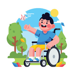 Fototapeta premium Young boy in wheelchair smiling outside.