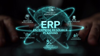 ERP platform visual showing centralized system for enterprise resource planning, improving integration, data flow, business efficiency, finance, inventory, and human resources. Muxer