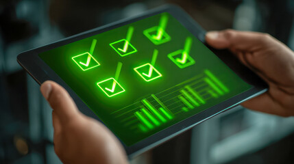 Person holding a digital tablet displaying green glowing checkmarks and bar charts symbolizing task completion and data analysis in a dark setting