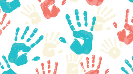 Colorful children handprints pattern on white background, creativity and education concept, playful childhood art texture, learning and diversity illustration © Dulal Creatives