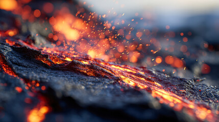 Glowing molten lava spewing sparks and flowing over dark volcanic rocks during an active eruption in a fiery natural landscape scene at dusk