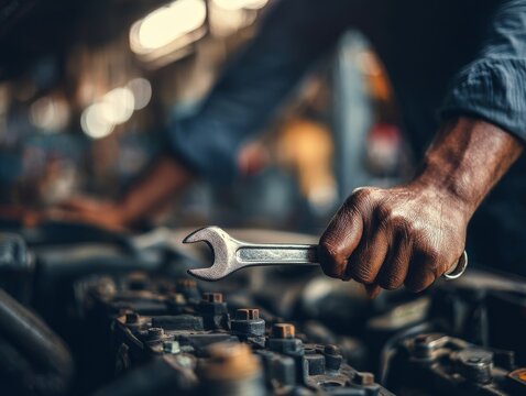 Mechanic hands holding wrench at busy workshop - Powered by Adobe