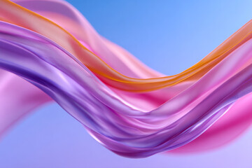 Flowing silky fabric waves in vibrant pastel tones of purple, pink, and orange creating an elegant abstract pattern against a soft blue background