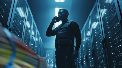 A Person in a Dark Data Center Makes a Call While Surrounded by Servers - Powered by Adobe