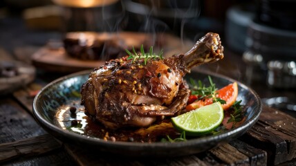 Grilled chicken drumsticks with spices, fresh rosemary, lime wedges and barbecue sauce.