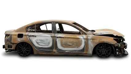 Damaged car body with missing doors and broken front end