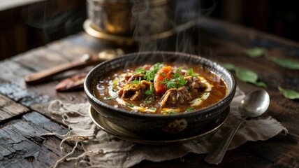 The national dish of Yemen. Saltakh is a hearty, flavorful stew or thick soup, which is traditionally served boiling in a hot stone bowl.