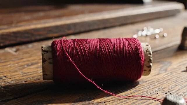 Red thread rests on wooden table with sewing thimble and pins nearby. Natural light creates a warm feeling in crafting space. Concept of sewing, crafting, home decor