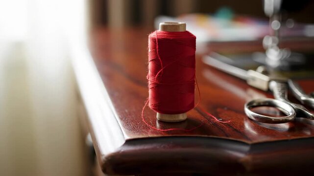 Red thread spool stands upright on wooden table surrounded by sewing scissors. Soft light shines through window creating a cozy atmosphere. Concept of crafting, sewing, tailoring