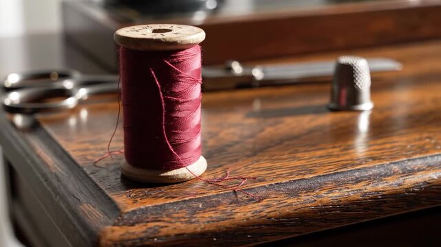 Red thread spool placed on wooden table showing nearby scissors and sewing tools. Natural light enhances details in a home sewing space. Concept sewing, crafting, textile industry
