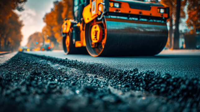 Asphalt compaction being applied by a road roller machine during road resurfacing process in autumn season