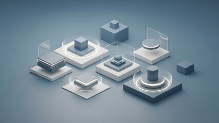 Gray geometric shapes on floating platforms with glowing circles