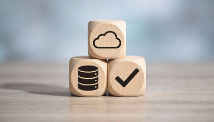 Cloud database backup verification with stacked wooden blocks icons cloud storage server and check mark on soft blue background for secure data management