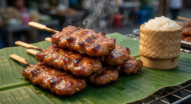 Thai grilled pork skewers Moo Ping with sticky rice basket street food