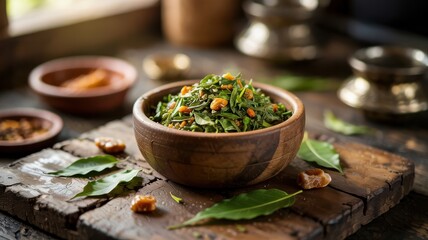 The dish of Indian cuisine is "Bevu Bella" or "Ugadi Pachadi". It is a mixture of bitter neem leaves (bevu) and sweet cane sugar (jaggery, bella).
