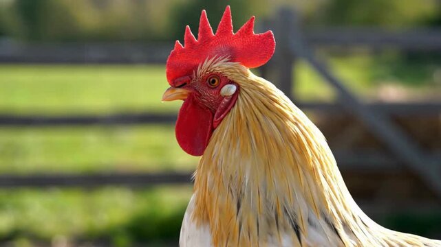 Majestic golden rooster portrait showcases vibrant red comb and wattles against a softly focused rural farm background outside
