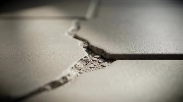 Cracked concrete surface displays broken edges and rough texture. Industrial setting emphasizes need for repair. Concept for construction, maintenance, engineering