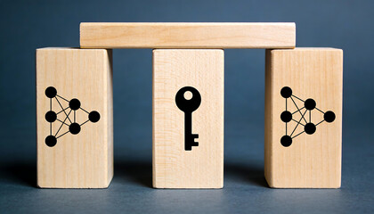 Secure key access management concept with wooden blocks network icons and central key showing encrypted gateway connection authentication and authorization