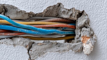 Exposed electrical cable bundle in wall cavity with damaged plaster, conveying electrical repair estimate for wiring replacement and patch work.