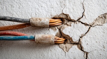 Exposed copper conductor within damaged insulation and cracked wall, indicating electrical repair need and wiring fault assessment.