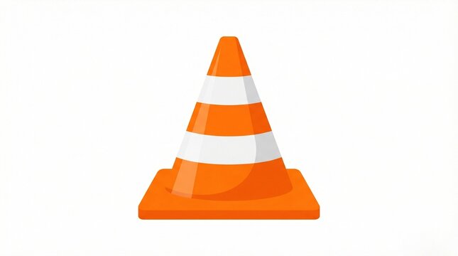 Orange traffic cone with white stripes on neutral background  