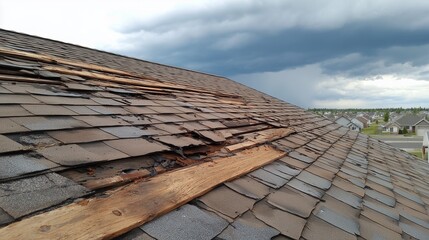 Weathered shingle roof with damaged and missing shingle exposing underlayment, showing roof deterioration and urgent repair need for roofing contractor.