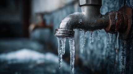 Rusty outdoor faucet with icicle formation indicating frozen pipe and emergency plumbing risk.