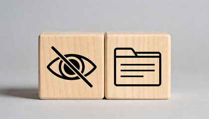 Data privacy file protection concept with two wooden blocks icons hidden visibility and folder on gray background for confidential documents access restriction