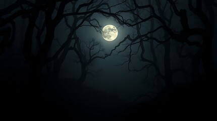 Fototapeta premium A spooky halloween night landscape features a full lunar moon glowing over a dark forest silhouette against a starry blue sky with scary clouds