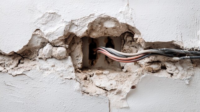Hole in wall revealing electrical wire and conduit next to chipped plaster, illustrating contractor quote for repair or renovation work.