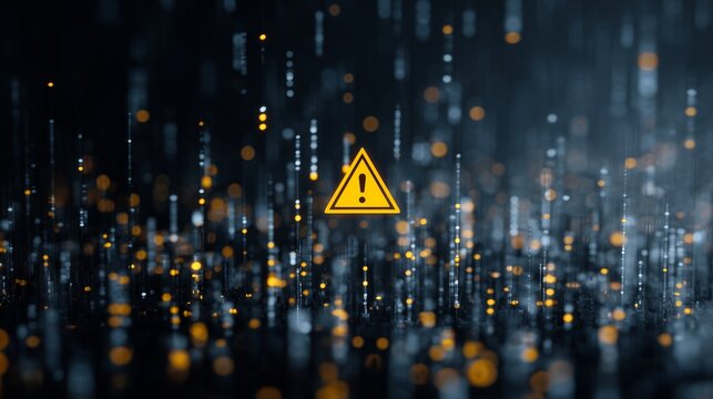 A warning icon over digital data stream representing incident response to cybersecurity breach and alert management.