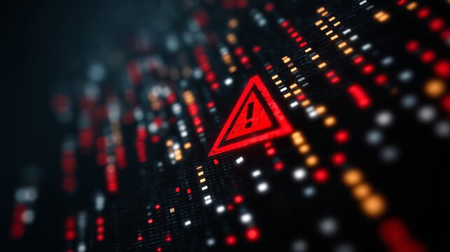 Red warning triangle on a digital matrix representing fraud detection and threat intelligence alert in cybersecurity context.
