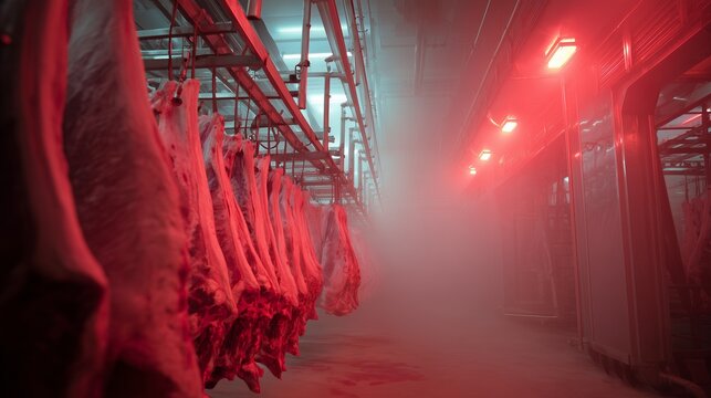 Hanging carcass in foggy red-lit slaughterhouse conveying industrial meat processing and cold chain production.