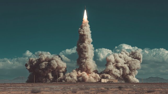 Military rocket launch from desert pad with plume and smoke, conveying power, deterrence, and strategic strike capability.