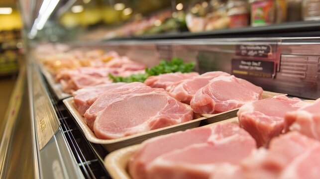 Fresh prepackaged pork meat on tray in supermarket display, showing raw pork chop and garnish, conveying freshness and grocery shopping.