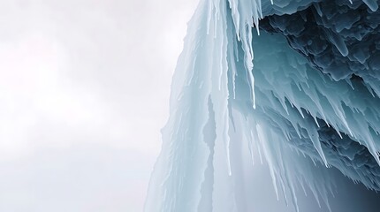 Frozen winter icicles hang from a white roof against a cold blue sky, creating a textured nature landscape of snow and ice reminiscent of a glacier in Antarctica