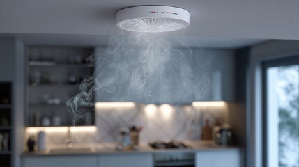 Smoke detector sounding above a modern kitchen island with visible smoke, indicating alarm and potential fire hazard, includes ceiling-mounted detector, countertop, cabinetry, and stove area.