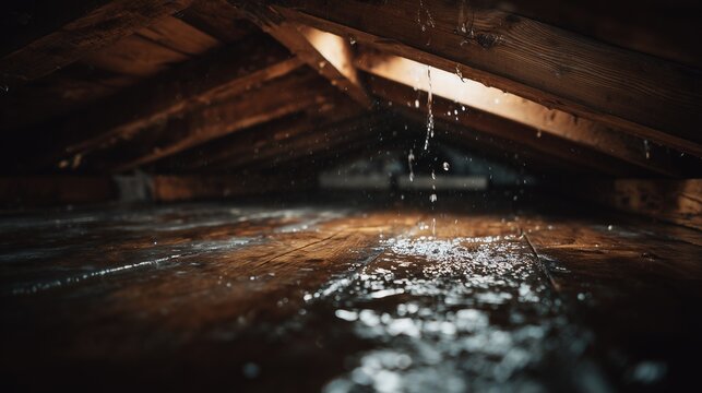 Attic beam with roof leak causing water drip and stain, conveying roof damage and urgent repair need.