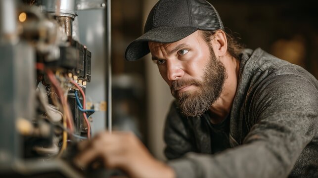 Technician in cap inspects and repairs residential furnace, adjusting control and gas line, conveys heating maintenance and hvac service.