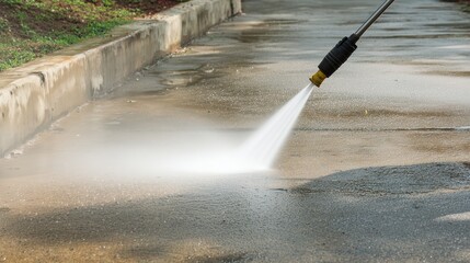 Pressure washer nozzle spraying water to clean a concrete driveway, removing dirt and grime, hose and spray wand visible, outdoor cleaning action.