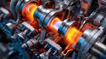 Industrial close-up of high-performance engine cylinders in action showcasing heating metal components and dynamic combustion process with vibrant flames